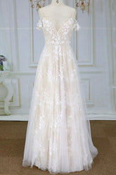 Stylish Spaghetti Straps Off-the-shoulder Appliques Wedding Dresses A-line Tulle Lace Bridal Gowns On Sale-27dress