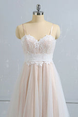 Stylish Spaghetti Straps Sleeveless Lace Wedding Dresses Champgne A-line Ruffles Bridal Gowns On Sale-27dress