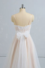Stylish Spaghetti Straps Sleeveless Lace Wedding Dresses Champgne A-line Ruffles Bridal Gowns On Sale-27dress
