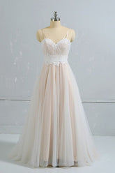 Stylish Spaghetti Straps Sleeveless Lace Wedding Dresses Champgne A-line Ruffles Bridal Gowns On Sale-27dress