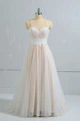 Stylish Spaghetti Straps Sleeveless Lace Wedding Dresses Champgne A-line Ruffles Bridal Gowns On Sale-27dress