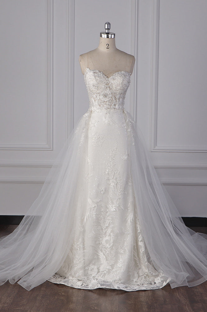 Stylish Strapless Tulle Lace Wedding Dress Sweetheart Appliques Bridal Gowns with Overskirt On Sale-27dress
