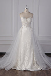 Stylish Strapless Tulle Lace Wedding Dress Sweetheart Appliques Bridal Gowns with Overskirt On Sale-27dress