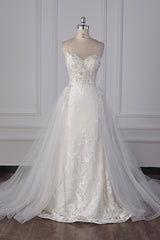 Stylish Strapless Tulle Lace Wedding Dress Sweetheart Appliques Bridal Gowns with Overskirt On Sale-27dress