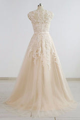 Stylish Straps Sleeveless Champagne Wedding Dresses A-line Lace Bridal Gowns Online-27dress