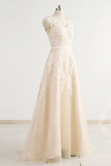 Stylish Straps Sleeveless Champagne Wedding Dresses A-line Lace Bridal Gowns Online-27dress