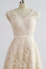 Stylish Straps Sleeveless Champagne Wedding Dresses A-line Lace Bridal Gowns Online-27dress