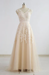 Stylish Straps Sleeveless Champagne Wedding Dresses A-line Lace Bridal Gowns Online-27dress