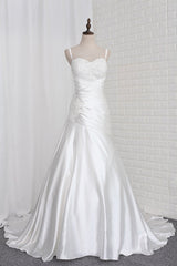 Stylish Straps Sweetheart Wedding Dress White Satin Lace Appliques Beadings Bridal Gowns Online-27dress