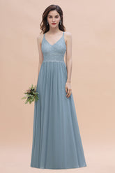 Stylish Straps V-Neck Chiffon Lace Dusty Blue Bridesmaid Dress On Sale-27dress