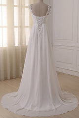 Stylish Straps V-neck Chiffon Wedding Dress A-line White Appliques Bridal Gowns On Sale-27dress