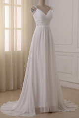 Stylish Straps V-neck Chiffon Wedding Dress A-line White Appliques Bridal Gowns On Sale-27dress