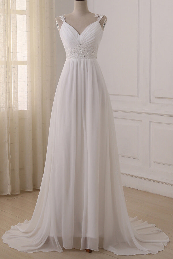 Stylish Straps V-neck Chiffon Wedding Dress A-line White Appliques Bridal Gowns On Sale-27dress