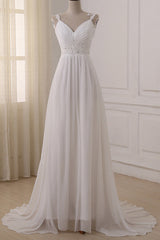 Stylish Straps V-neck Chiffon Wedding Dress A-line White Appliques Bridal Gowns On Sale-27dress