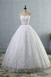 Stylish Tulle Appliques Ball Gown Wedding Dresses Sweetheart Sleeveless Bridal Gowns with Beading Sash-27dress