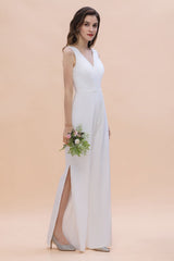 Stylish V-neck Sleeveless White Lace Bridesmaid Jumpsuit Online-27dress