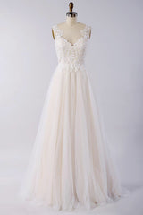 Stylish V-neck Straps Tulle Wedding Dress Appliques A-line Ruffles Bridal Gowns On Sale-27dress