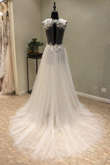 Stylish V-Neck Straps Tulle Wedding Dress Ruffles Appliques Bridal Gowns with Flowers On Sale-27dress