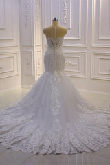 Stylish V-Neck Tulle Lace Wedding Dress Mermaid Appliques Beadings Bridal Gowns with Wraps-27dress