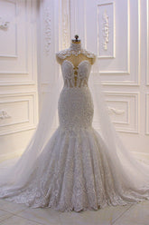 Stylish V-Neck Tulle Lace Wedding Dress Mermaid Appliques Beadings Bridal Gowns with Wraps-27dress