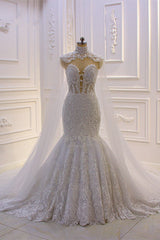 Stylish V-Neck Tulle Lace Wedding Dress Mermaid Appliques Beadings Bridal Gowns with Wraps-27dress