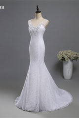 Stylish V-Neck White Lace Mermaid Wedding Dress Appliques Sleeveless Sequins Bridal Gowns-27dress