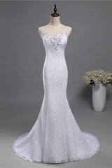 Stylish V-Neck White Lace Mermaid Wedding Dress Appliques Sleeveless Sequins Bridal Gowns-27dress