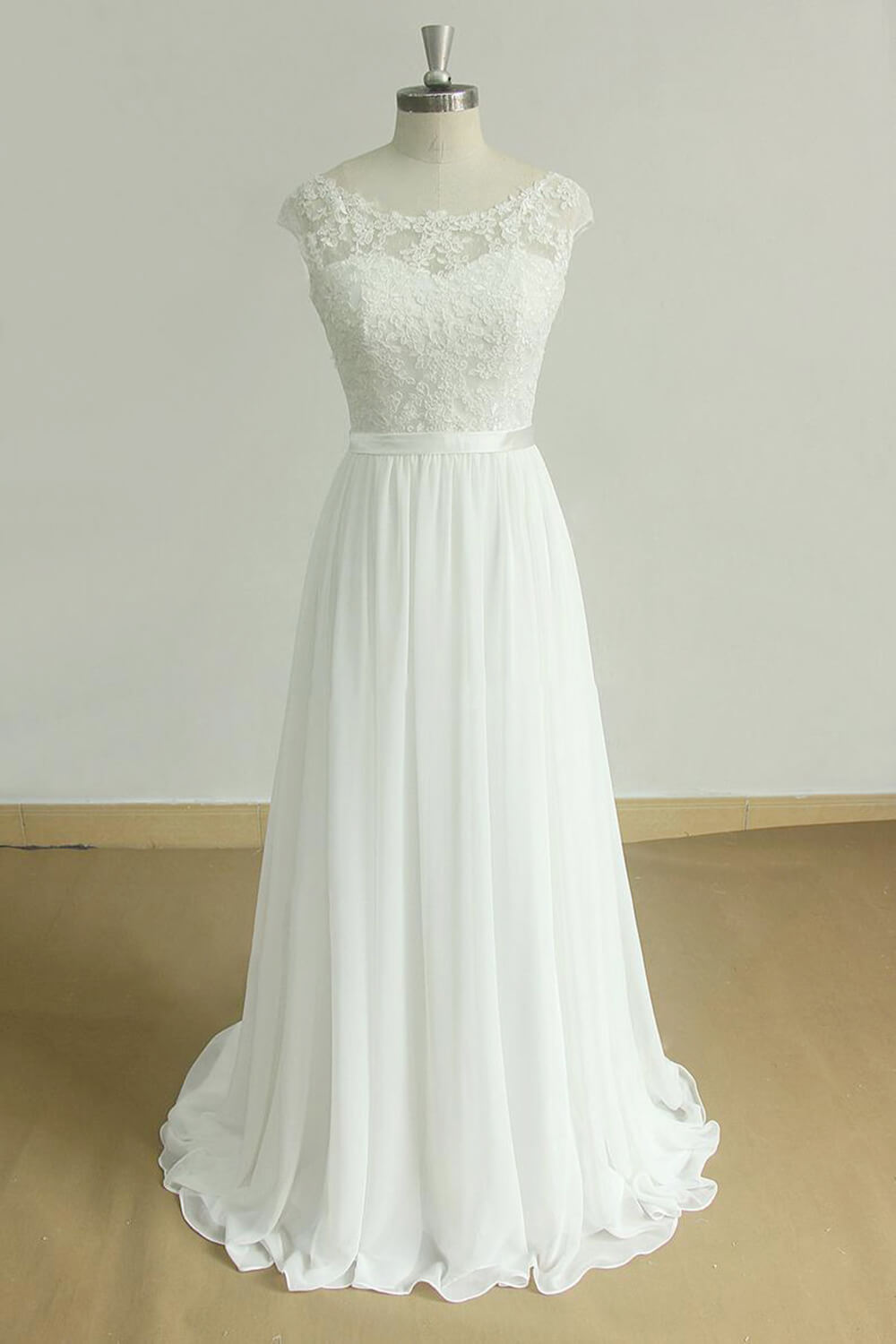 Stylish White Chiffon Lace Wedding Dresses Jewel Sleeveless Bridal Gowns On Sale-27dress