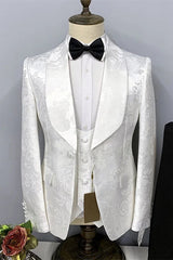 Stylish Jacquard Shawl Lapel Slim Fit White Wedding Suits