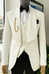 Stylish Plaid Shawl Lapel Three Pieces White Wedding Suits