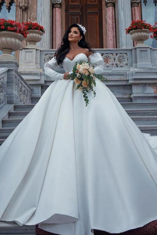Sweetheart Ball Gown Satin Wedding Dress With Detachable Sleeves-27dress