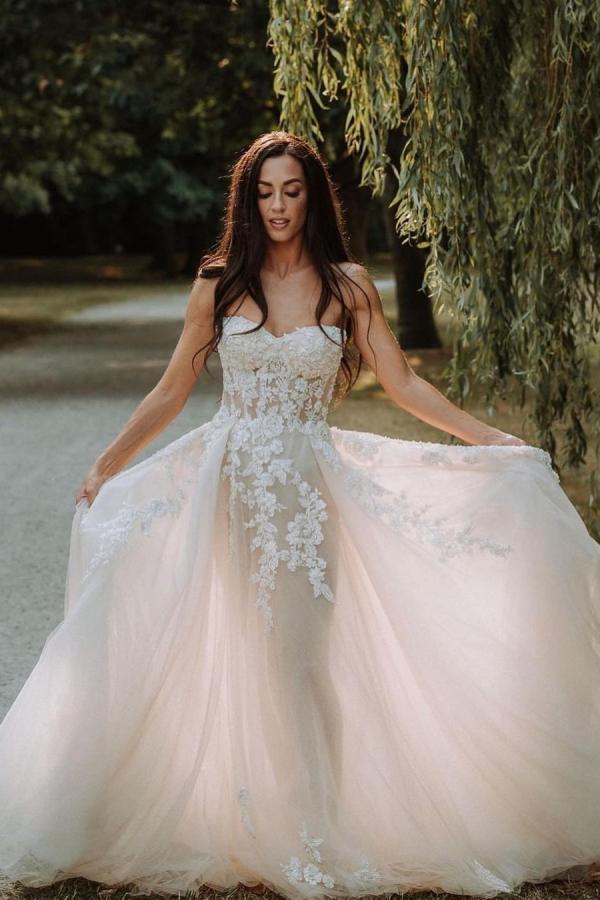 Sweetheart Champagne Wedding Dress Long Beach With Appliques-27dress