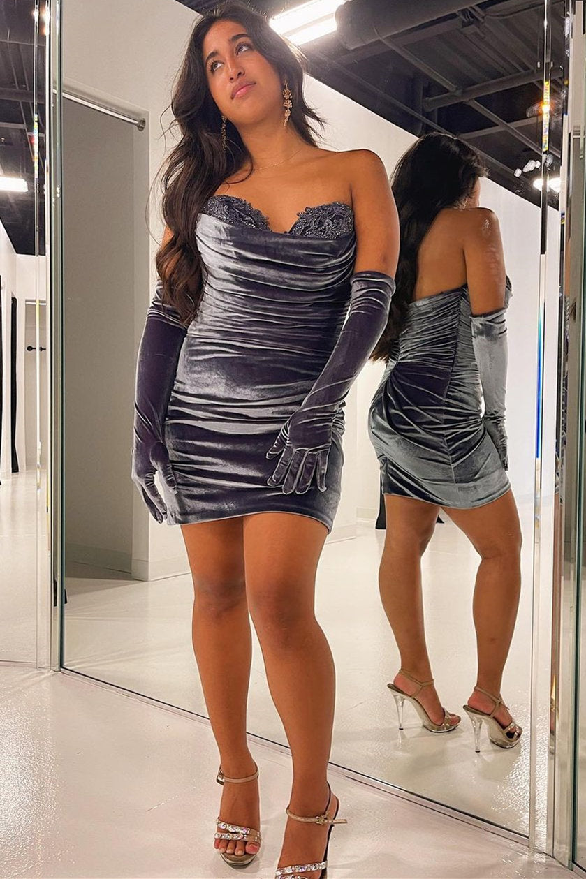 Sweetheart Grey Velvet Short Homecoming Dress with Detached Sleeves-27dress