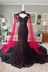 Sweetheart Lace Mermaid Mermaid Black Wedding Dresses With Cape From 27dress