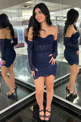 Sweetheart Lace Sheath Short Homecoming Dress with Detached Sleeves-27dress