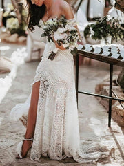 Sweetheart Lace Sweep Train Wedding Dress With Split Front Sheath/Column