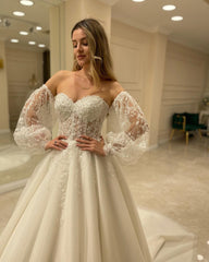 Sweetheart Lace Wedding Dress Detachable Sleeves-27dress