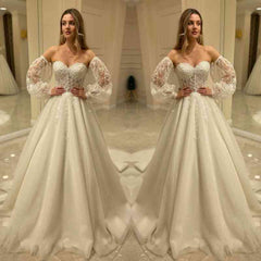 Sweetheart Lace Wedding Dress Detachable Sleeves-27dress