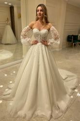 Sweetheart Lace Wedding Dress Detachable Sleeves-27dress