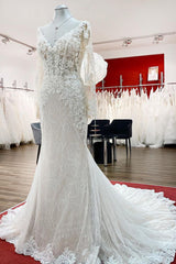 Sweetheart Long Sleeves Tulle Ivory Mermaid Wedding Dresses-27dress