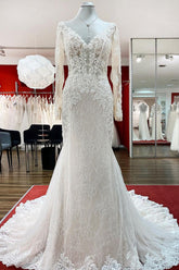 Sweetheart Long Sleeves Tulle Ivory Mermaid Wedding Dresses-27dress
