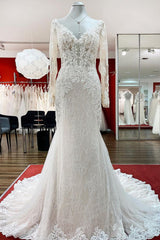 Sweetheart Long Sleeves Tulle Ivory Mermaid Wedding Dresses-27dress