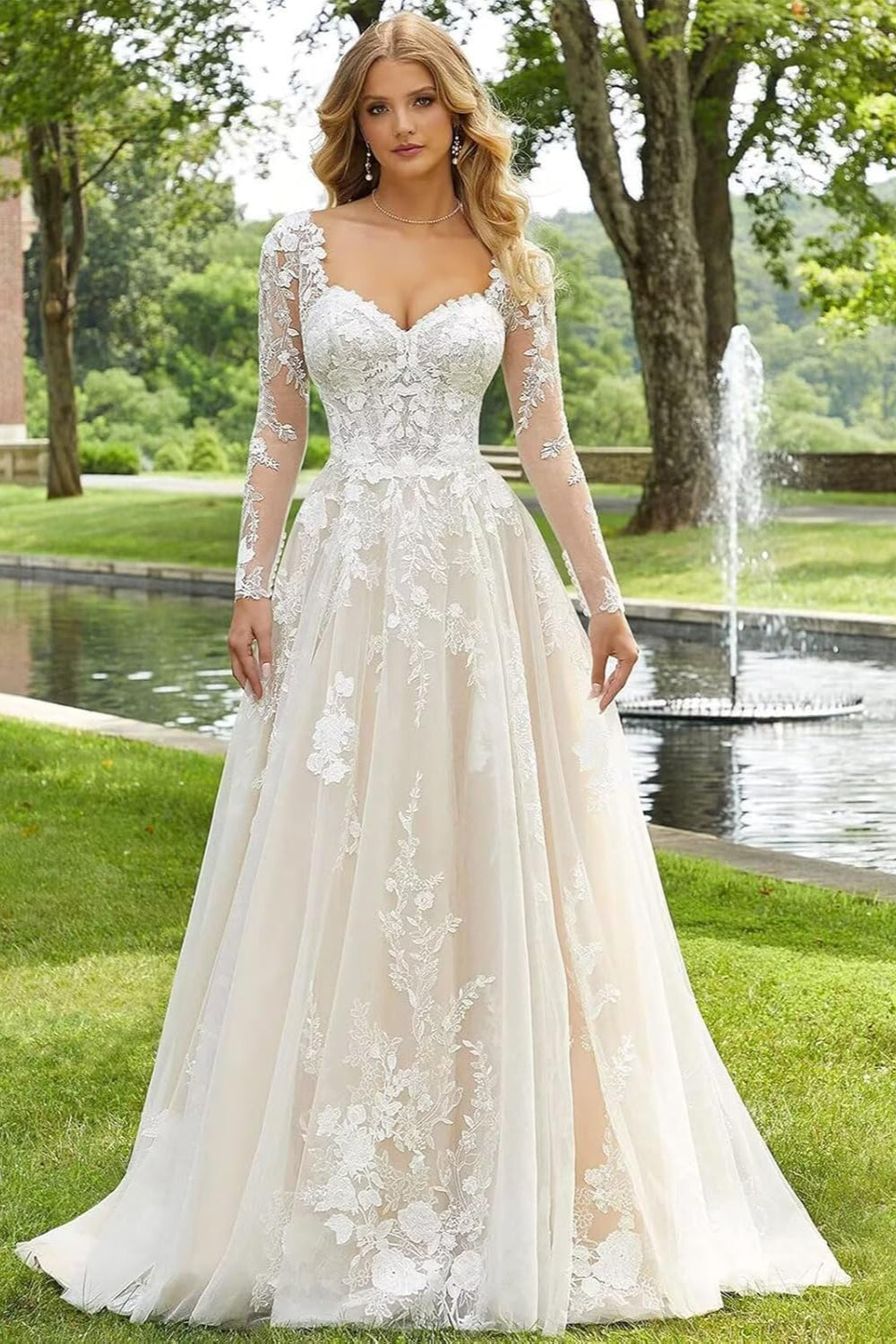 Sweetheart Long Sleeves Tulle Wedding Dress with Lace Applique-27dress