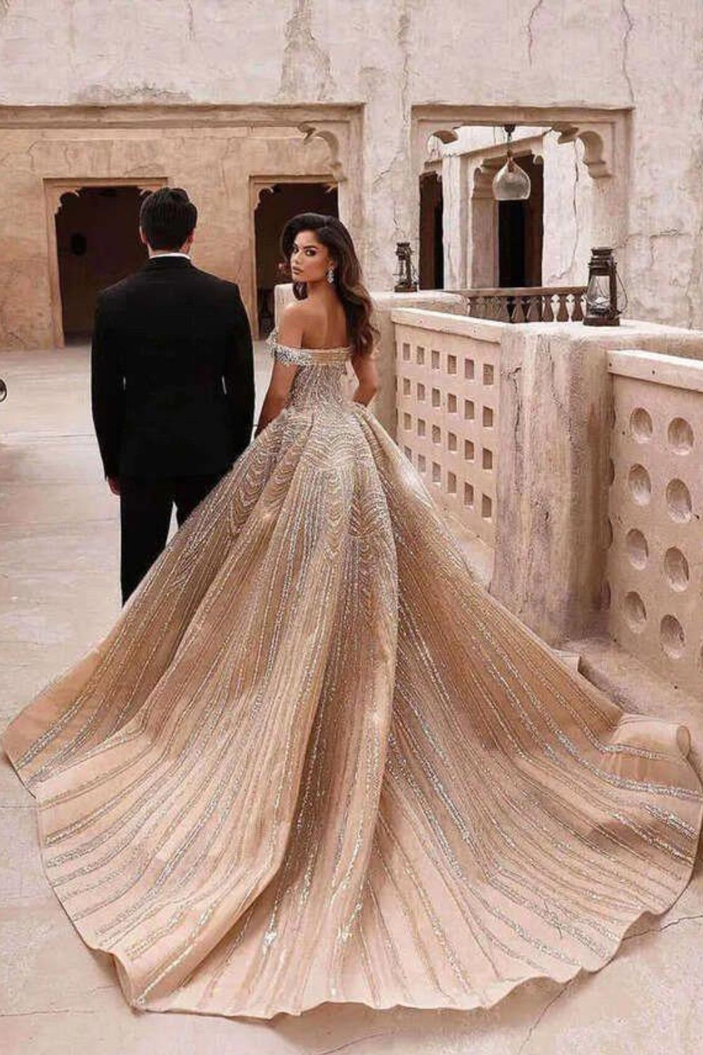 Sweetheart Off-the-shoulder Ball Gown Sequined Prom Dress with Beading-27dress