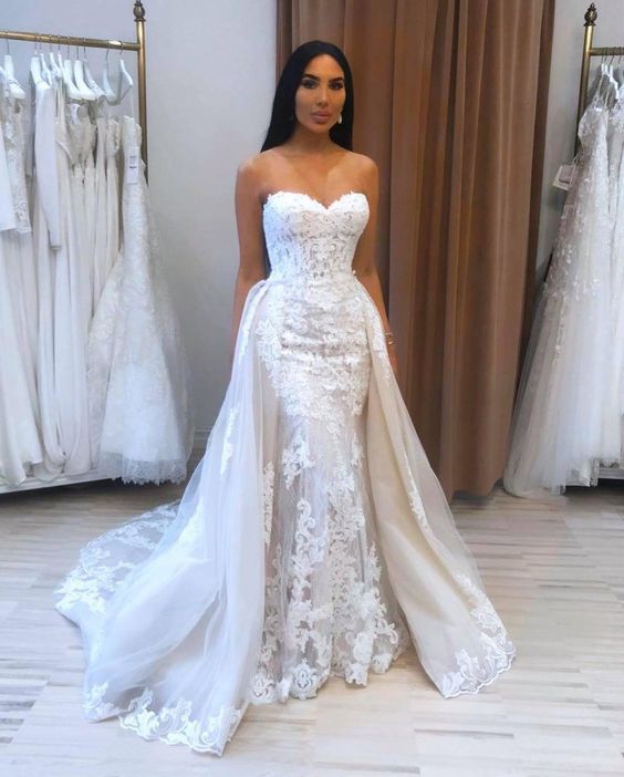 Sweetheart Overskirt Lace Wedding Dress Mermaid With Appliques-27dress