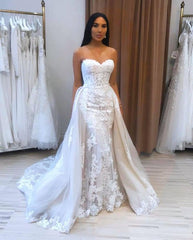 Sweetheart Overskirt Lace Wedding Dress Mermaid With Appliques-27dress