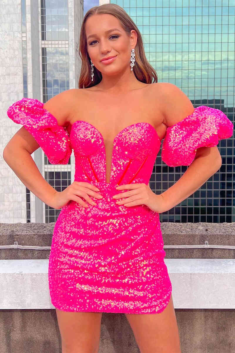 Sweetheart Puff Sleeves Hot Pink Sheath Homecoming Dress-27dress