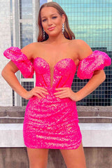Sweetheart Puff Sleeves Hot Pink Sheath Homecoming Dress-27dress