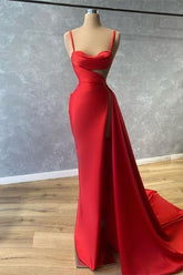 Sweetheart Red Spaghetti Strap High Split Mermaid Prom Dress With Ruffles