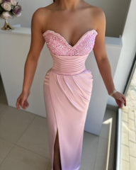 Sweetheart Sleeveless Light Blue Prom Dress Front Split With Beads